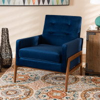 Baxton Studio BBT8042-Navy Velvet/Walnut-CC Perris Mid-Century Modern Navy Blue Velvet Fabric Upholstered and Walnut Brown Finished Wood Lounge Chair